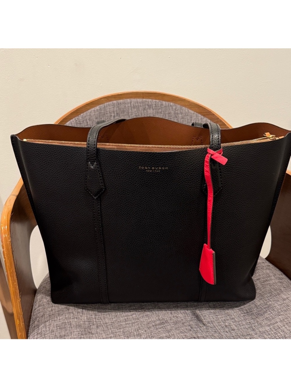 Tory Burch Black Leather Tote with Pink Tag Accent